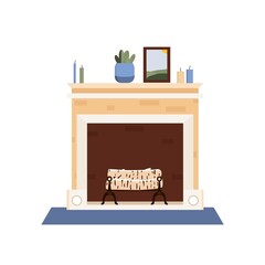 Fireplace home interior wood isolated illustration vector. vase and decor. 