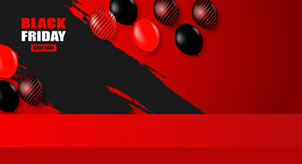 Black Friday Sale theme product display podium. Design with black- red balloons on red background .Vector. illustration.