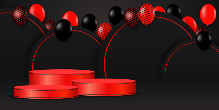 Black Friday Sale theme product display podium. Design with black- red balloons on black background .Vector. illustration.