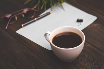 wooden table coffee cup notepad accessories business