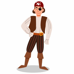 a pirate character in a suit, in a bandana and with an eye patch. vector illustration of a pirate sailor isolated on a white background