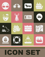 Set Lifeboat, Folded map, Location with cruise ship, Sunbed and umbrella, Towel hanger, Coconut cocktail, Glasses and Cruise ticket icon. Vector