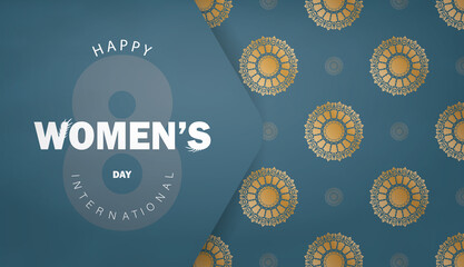 Flyer template 8 March Blue color with vintage gold ornament