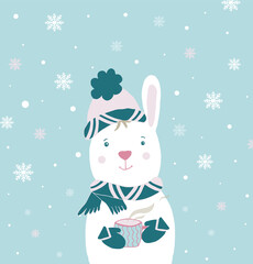 A poster with a New Year's hare holding a cup of tea. It can be used as a postcard, mug design and textiles. Vector illustration in cartoon style on a blue background and falling snowflakes