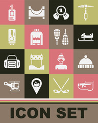 Set Biathlon rifle, Winter hat, Sled, Medal, Christmas sweater, Meteorology thermometer, Identification badge and Snowshoes icon. Vector