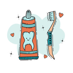 Vector banner about morning with toothpaste and toothbrush in hand-drawn cartoon style.