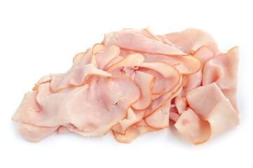 Thin slices of ham, Sliced ham on white background.