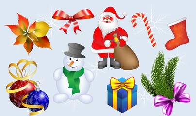 Snowman, Santa Claus, Christmas tree balls, leaves. Vector illustration of a set of Christmas symbols in the form of a snowman, Santa Claus, tree branches and balloons on a light background.