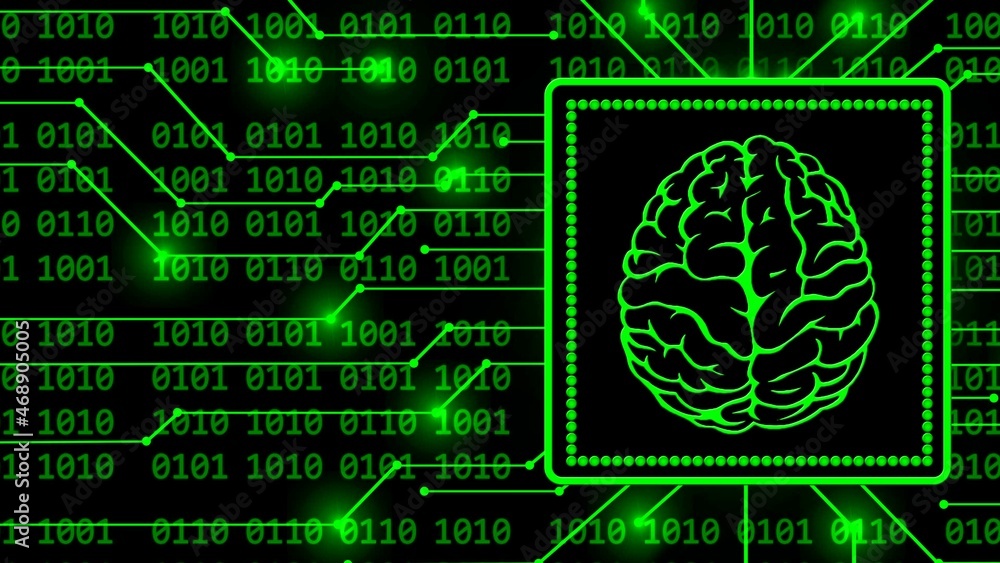 Poster Brain symbol in frame - abstract background of 4-digit binary code behind information connecting lines - symbolic of AI artificial intelligence - 3D illustration