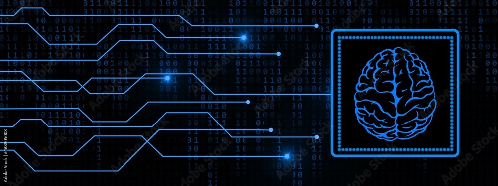 Poster Brain symbol in frame with information connection lines on digital binary code background - symbolic of AI artificial intelligence - 3D illustration