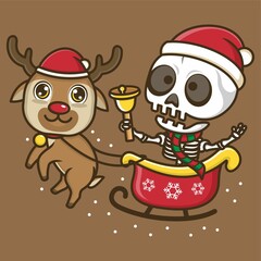 cute cartoon skull character, riding a christmas reindeer carriage. vector illustration for mascot logo or sticker