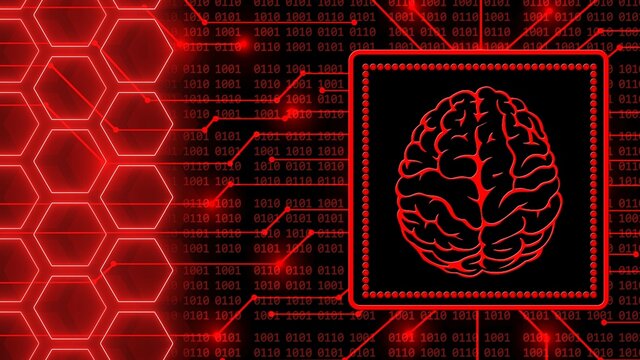 Brain symbol in frame - abstract background of 4-digit binary code behind information connecting lines and honeycomb elements - symbolic of AI artificial intelligence - 3D illustration