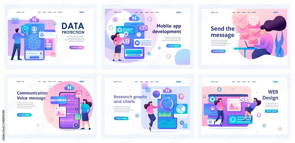 Poster Collection of landing pages. Device testing, data protection, Using charts for data analysis, creating design. 2D characters