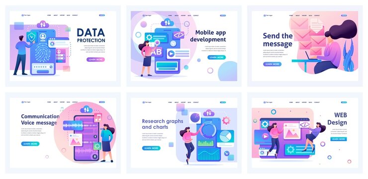 Collection of landing pages. Device testing, data protection, Using charts for data analysis, creating design. 2D characters