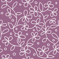 Seamless pattern of abstract flowering plants on a purple background for textile.