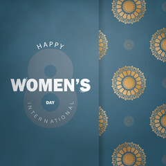 International womens day greeting card template in blue color with luxury gold ornaments