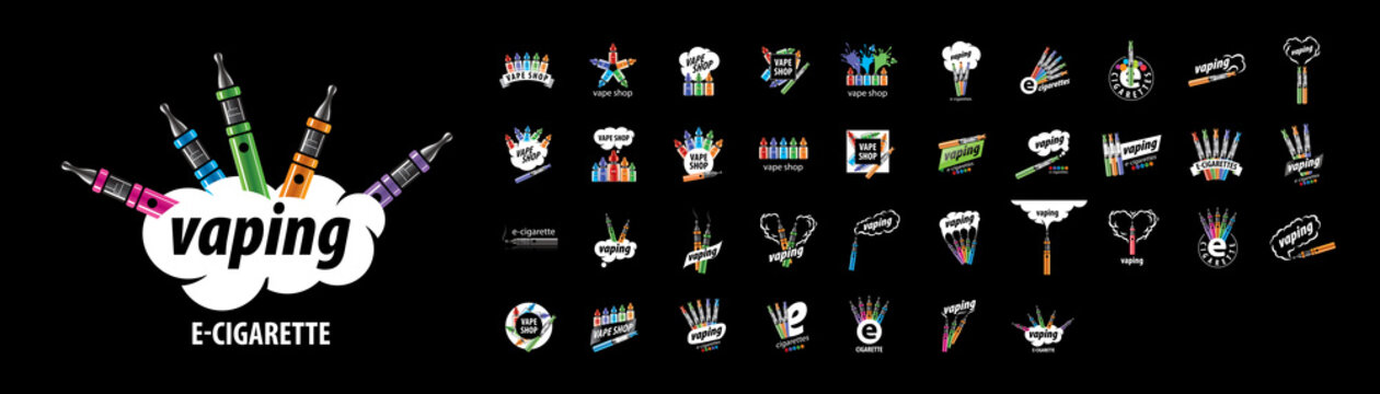 A set of vector logos of Electronic Cigarettes on a black background