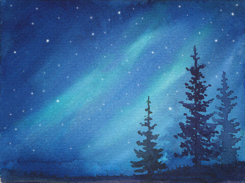 Watercolor illustration of peaceful blue spruce trees under northern lights and night starry sky, background for creative design, print, winter greeting card, hand drawn water color drawing .