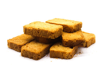 Crispy rusk on white background with selective focus
