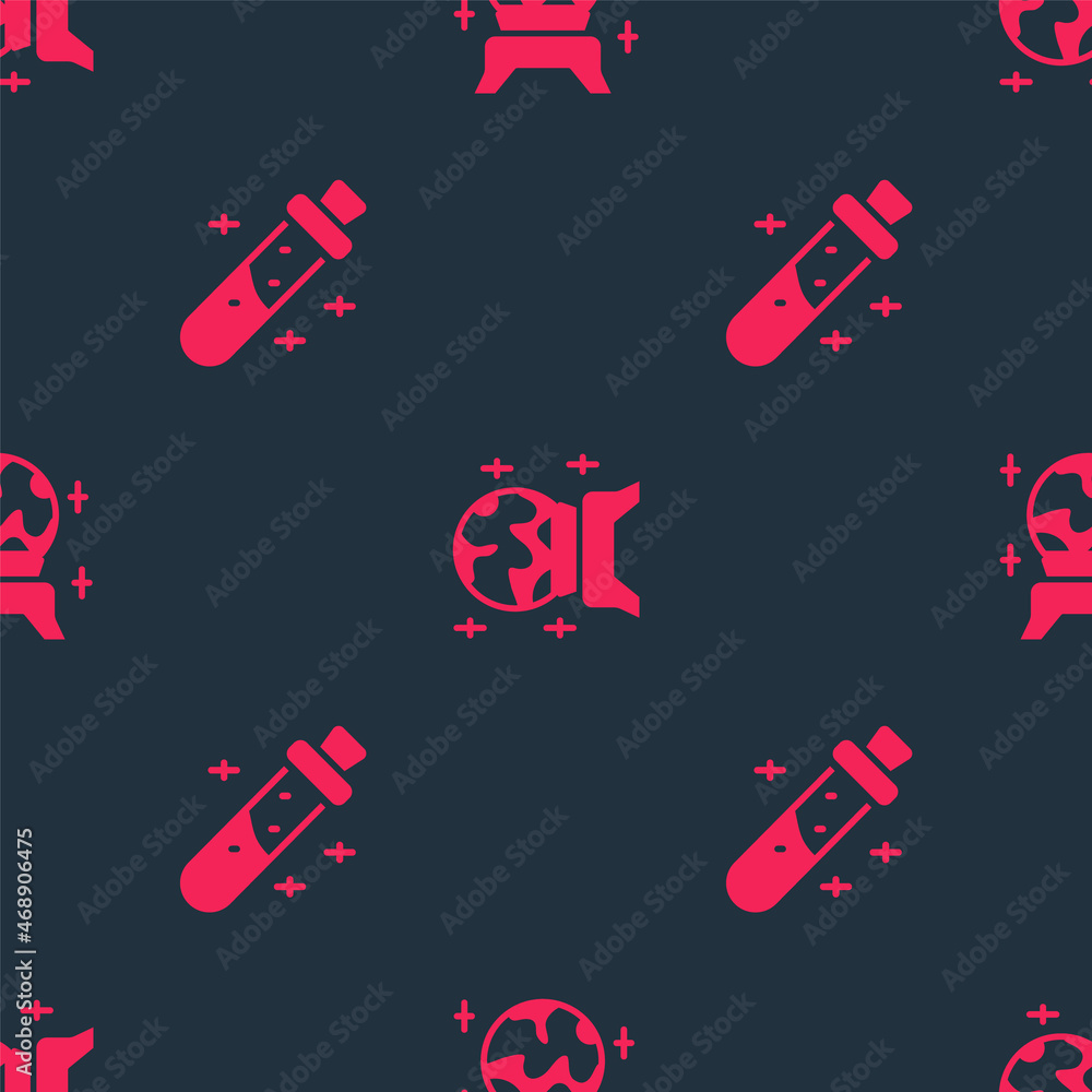 Poster set bottle with potion and magic ball on seamless pattern. vector