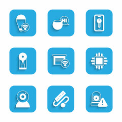 Set Smart garage, Electric extension cord, Ringing alarm bell, Processor with CPU, Web camera, coffee machine, key and light bulb icon. Vector