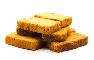 Crispy rusk on white background with selective focus