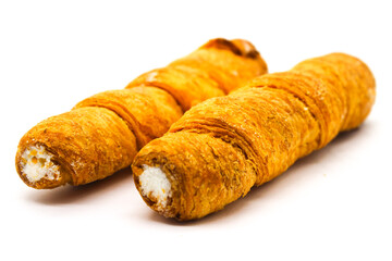 Puff cream Rolls on white background with selective focus