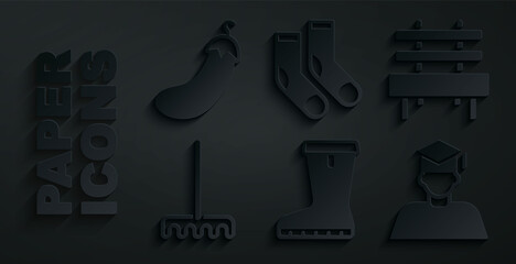 Set Waterproof rubber boot, Bench, Garden rake, Graduate and graduation cap, Socks and Eggplant icon. Vector