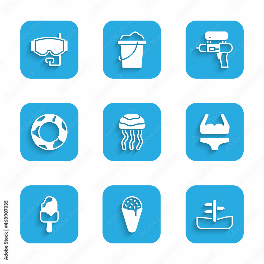 Sticker set jellyfish, ice cream in waffle cone, road traffic sign, swimsuit, rubber swimming ring, water gu