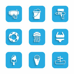 Set Jellyfish, Ice cream in waffle cone, Road traffic sign, Swimsuit, Rubber swimming ring, Water gun and Diving mask icon. Vector