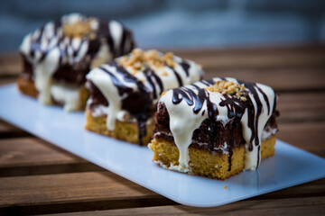 Homemade cakes and pies with different creams