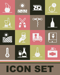 Set Cardboard box of wine, Book about grapes, Bottle, Cheese, Gardening scissors, Decanter for and Wine corkscrew icon. Vector