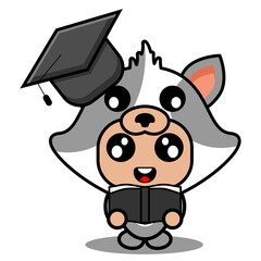 cute cat animal costume mascot cartoon character vector wearing graduation hat and holding book
