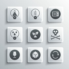 Set Carton cardboard box, Recycle symbol, Bones and skull warning, Plant based, Fragile broken glass, Water drop forbidden, Test tube flask and Microwave oven icon. Vector