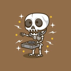 cute cartoon skull character become dj. vector illustration for mascot logo or sticker