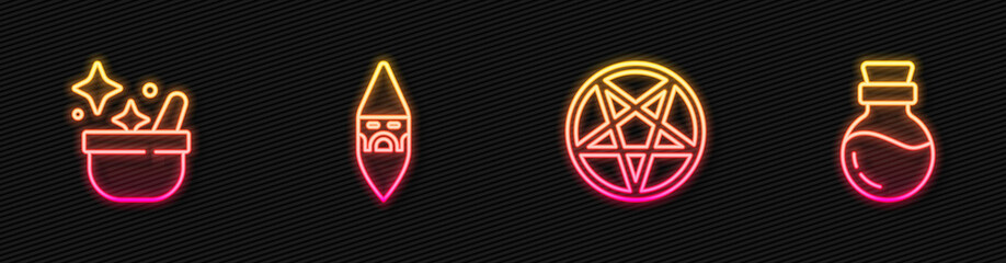 Set line Pentagram in a circle, Witch cauldron, Wizard warlock and Bottle with potion. Glowing neon icon. Vector - obrazy, fototapety, plakaty