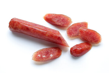 Chinese sausage sliced, Chinese Pork Sausages for cooking on white background.from above.