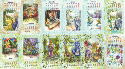 Calendar 2022, for children, watercolor illustrations, a story about fabulous little people. Calendar, January, February, March, April, May, June, July, August, September, October, November, December,