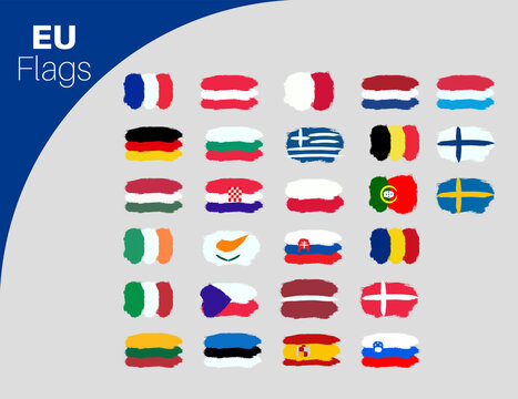 Colorful brush strokes painted european union countries flags icons set. Painted texture.