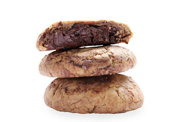 Chocolate chip cookies on white background. Sweet biscuits. Big chewy soft chocolate cookie. Clipping path