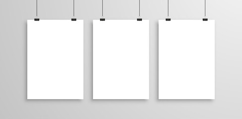 Mock-Up Realistic White Poster Hanging. Empty White Vector Poster Template.