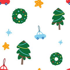 Seamles Christmas background with Christmas tree decoration cars, christmas trees, christmas wreath and stars on a green background