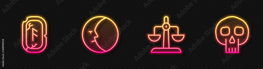 Wall mural Set line Libra zodiac, Magic runes, Moon and Skull. Glowing neon icon. Vector