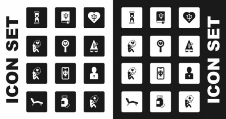 Set Psychology, Psi, Broken heart or divorce, Old hourglass, Metronome with pendulum, book,, Solution to the problem and Head icon. Vector