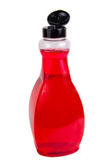 Red liquid soap in plastic bottle isolated on the white background