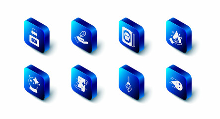 Set Magic stone, Tarot cards, Hand holding fire, Fireball, scroll, and Bottle with potion icon. Vector