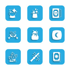 Set Witch cauldron, Magic wand, Tarot cards, Moon stars, stone, Crossed medieval sword, and ball icon. Vector
