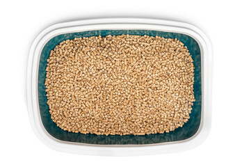 Litter tray for cat toilet with wooden filler. Isolated on white. Top view.