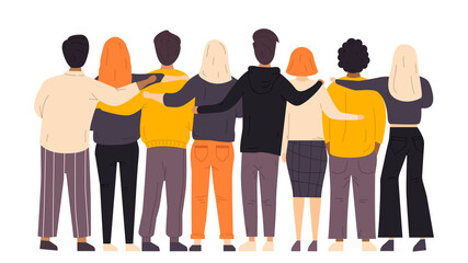 Hugs from friends. Friendship of guys and girls. Unity and good relationships. Family, team, collaboration or partnership. Men and women in a flat style. Vector illustration