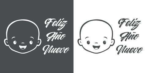 Banner con frase Feliz Navidad en español manuscrito con cara de bebé sonriendo en fondo gris y fondo blanco
